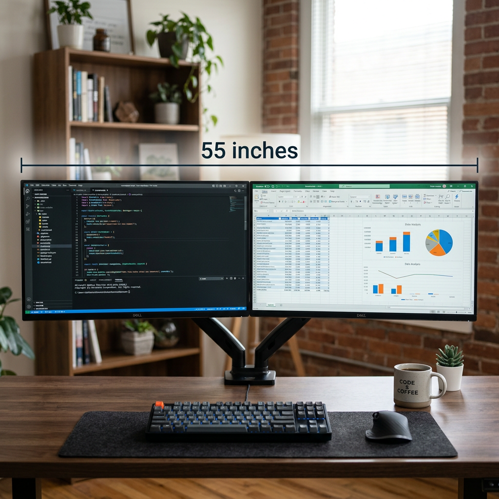 Large Dual Monitor Setup (Two 27-Inch Screens Side by Side) – 55 inches